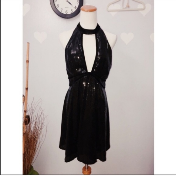 Free People Dresses & Skirts - Free People Black Sequins Mini Halter Skater Dress